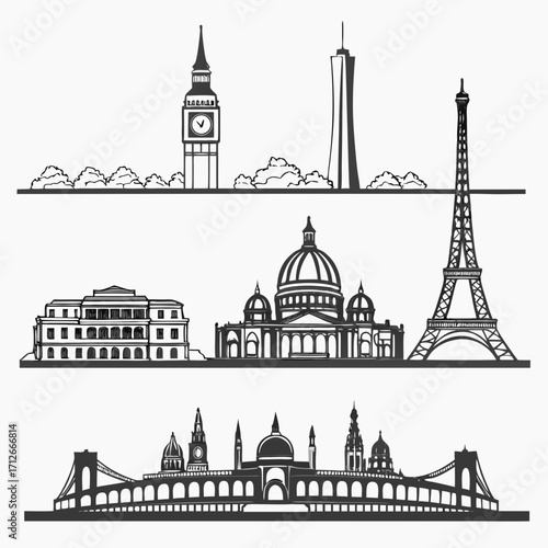 Iconic city skylines featuring famous landmarks like big ben eiffel tower and a modern skyscraper in a stylized black and white silhouette illustration