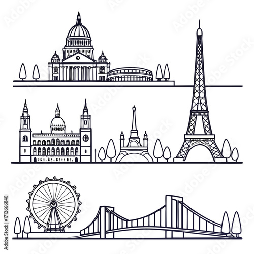 Collection of iconic european city landmarks and architectural styles including famous buildings bridges and ferris wheel in a clean line art illustration style