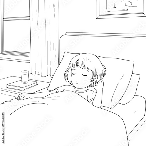 A young child sleeps peacefully in a bed next to a window with curtains.
