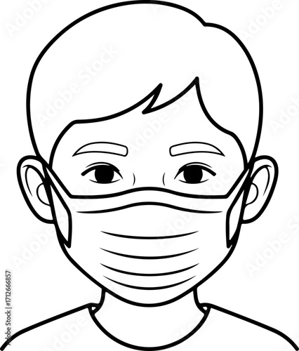 A black and white illustration of a person wearing a protective face mask covering their nose and mouth.