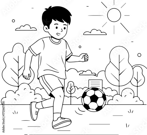 A young boy happily playing soccer outdoors on a sunny day with trees and clouds in the background.