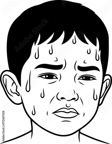 Close-up illustration of a young boy's face showing distress and sweating profusely.