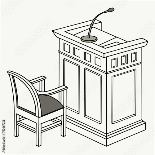 A simple line drawing illustration of a wooden podium with a microphone and a chair representing a place for public speaking debate or courtroom proceedings