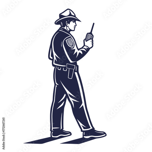 A stylized illustration of a police officer in uniform wearing a hat and holding a radio transceiver while walking with a shadow cast behind him on a white background