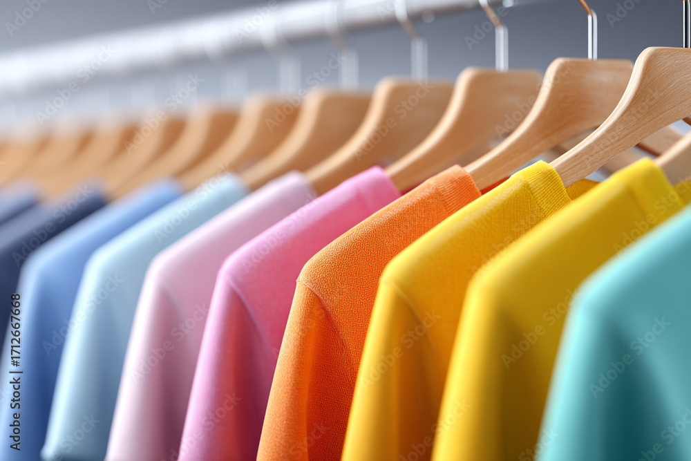 Fototapeta premium Colorful shirts hanging on wooden hangers a rainbow of clothing