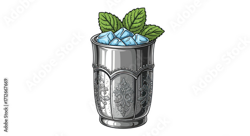 Classic Mint Julep cocktail in a silver cup with ice and fresh mint leaves.