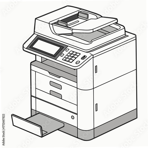 Technical line drawing of a highcapacity multifunction printer, emphasizing its advanced features and robust construction, great for presentations