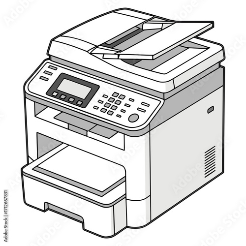 Detailed line drawing of a modern multifunction printer, highlighting its ergonomic design and userfriendly interface, perfect for product manuals