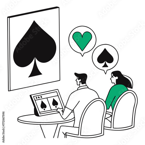 Two people are sitting at a table, looking at a screen with playing card symbols, with a large spade symbol hanging on the wall