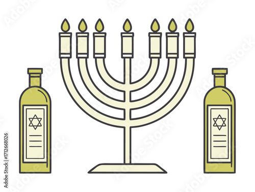 Hanukkah celebration with menorah and oil bottles traditional jewish holiday design