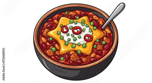 Cartoon illustration of a hearty bowl of chili with a cheese star.