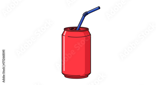 Red aluminum soda can with a blue drinking straw illustration.