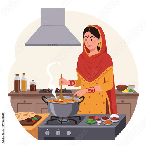 A vibrant 2D flat vector illustration shows an Indian woman in traditional salwar kameez, stirring a pot of aromatic curry on a kitchen stovetop with colorful spices nearby.