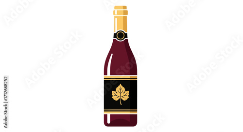 Elegant red wine bottle with a gold leaf label illustration.