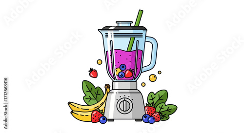 Blender with fresh fruits and spinach for a healthy smoothie.