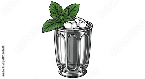Vintage style illustration of a Mint Julep cocktail in a silver cup.