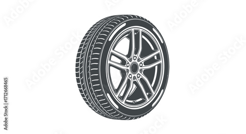 Black and white illustration of a car wheel with alloy rim.