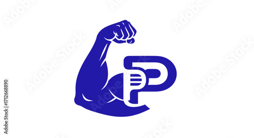 Strong muscular arm flexing bicep with letter P logo design.