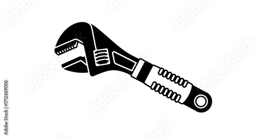 Black and white vector illustration of an adjustable wrench.