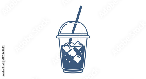 Blue line art icon of a cold drink in a plastic cup with ice cubes and a straw.