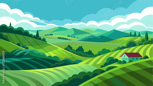 A picturesque countryside where the hills rise and fall like gentle waves in a sea of green.