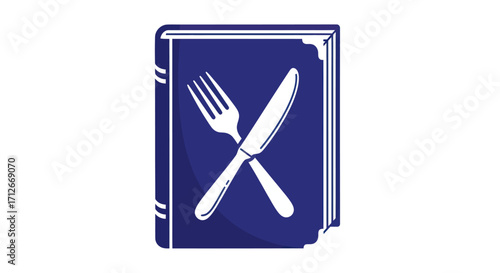 Blue cookbook icon with a crossed fork and knife.