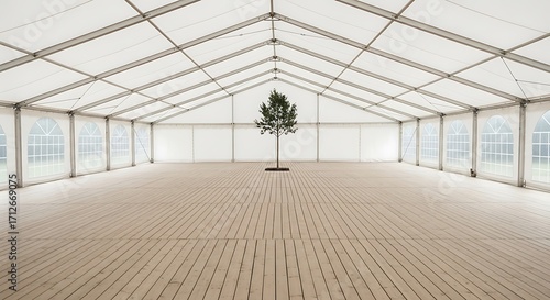 Empty Modern Tent Interior with Tree Sculpture.