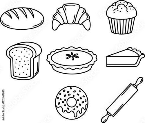 Bakery and pastry icons | bread, croissant, pie, donut, muffin and rolling pin symbols | baking outline vector illustration.