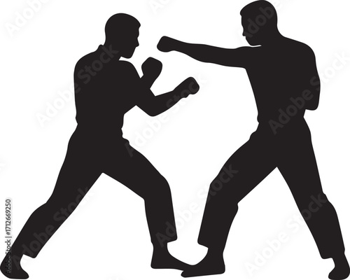 Silhouette of Martial Artists Sparring in Action Pose – Karate, Kickboxing or MMA Training