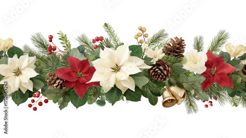 Festive Christmas floral garland with poinsettias, pinecones, and decorative bells. A visual representation of holiday season decorations 