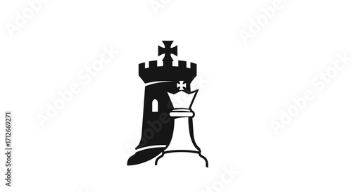 Stylized black rook and white king chess pieces logo.