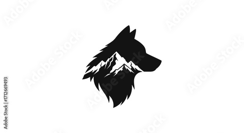 Creative black wolf head silhouette with mountain range logo.