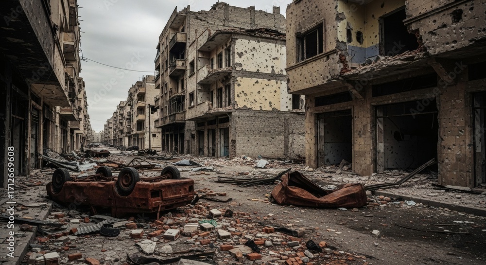 Obraz premium Devastated City Street After War Conflict.
