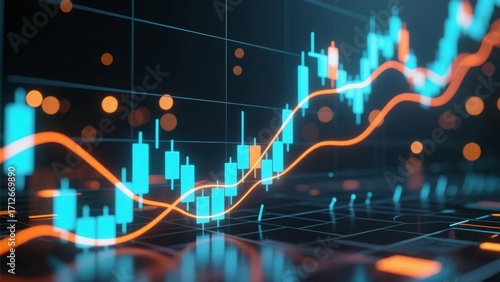 Digital financial chart with candlestick and trend lines on a dark background