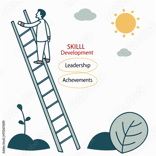 Man climbing up the ladder of success to achieve skill development, leadership, and achievements under the bright sun
