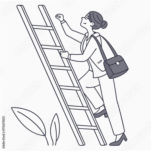 Woman climbing up the ladder of success with a bag