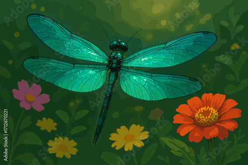 Colorful dragonfly hovering over vibrant flowers in a garden