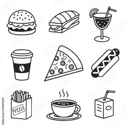 Illustration of fast food icons featuring burger, soda, pizza, coffee, sandwich, hotdog, juice and fries in a simple and clean design
