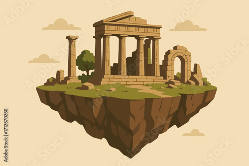 Floating ancient ruins on a rocky island in a cartoon style