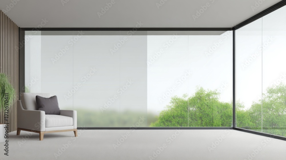 Fototapeta premium Modern living space with floor-to-ceiling windows showcasing greenery, featuring a light gray armchair with wooden legs,