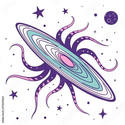 An imaginative illustration of a galaxy with tentacles, blending cosmic elements with fantasy, sparking curiosity and inviting viewers to explore the unknown