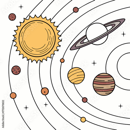 A delightful cartoon depiction of the solar system with planets orbiting the sun, , ideal for educational resources or spacethemed artwork
