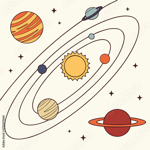 A charming cartoon illustration of the solar system with planets orbiting the sun, , perfect for educational materials or spacethemed designs