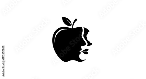 Creative optical illusion of a human face in a bitten apple silhouette.