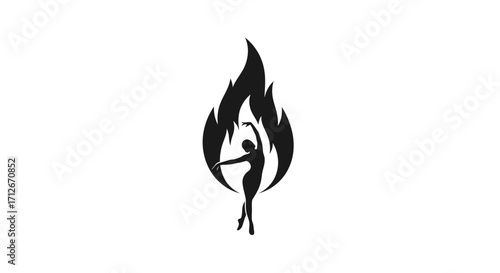 Silhouette of a dancer performing within a stylized flame symbol.
