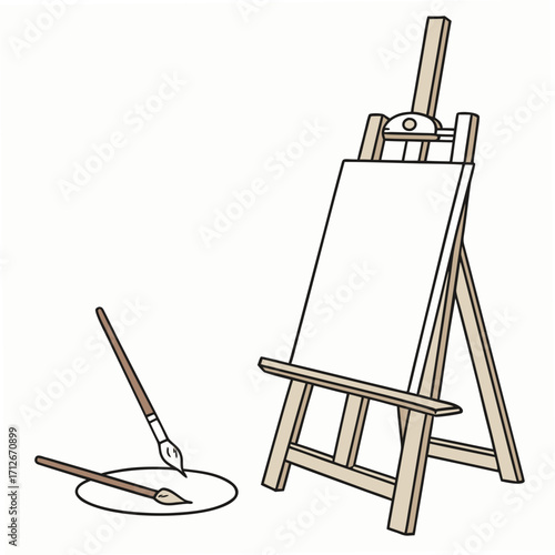 A blank canvas on a wooden easel, accompanied by two paintbrushes and a palette, ready for artistic inspiration