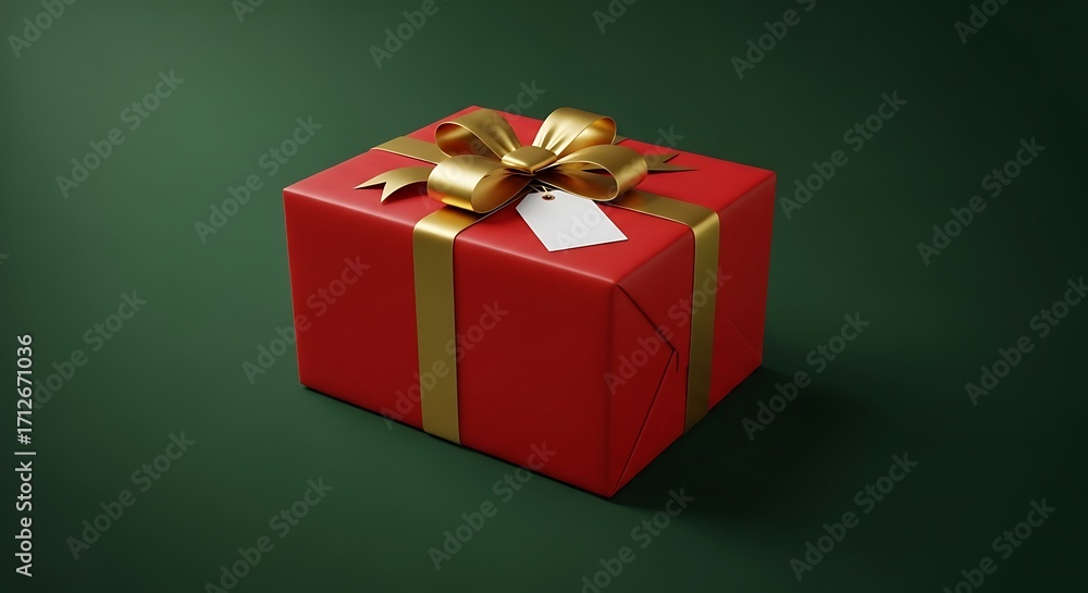 Obraz premium Red gift box with gold ribbon and tag.