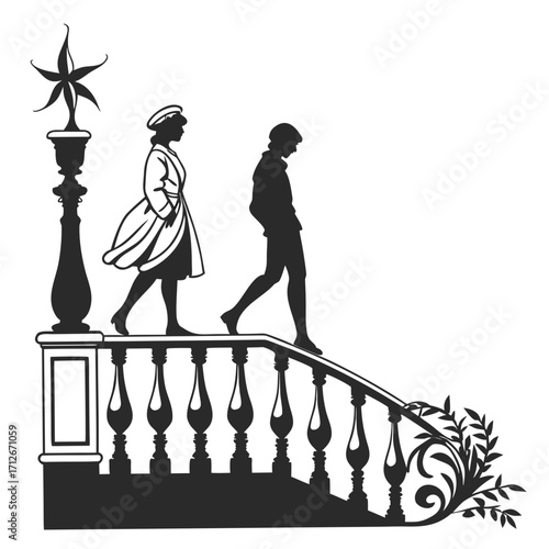 Silhouette illustration of a couple walking down a staircase with decorative balustrade, evoking a sense of romance and nostalgia in a vintage style