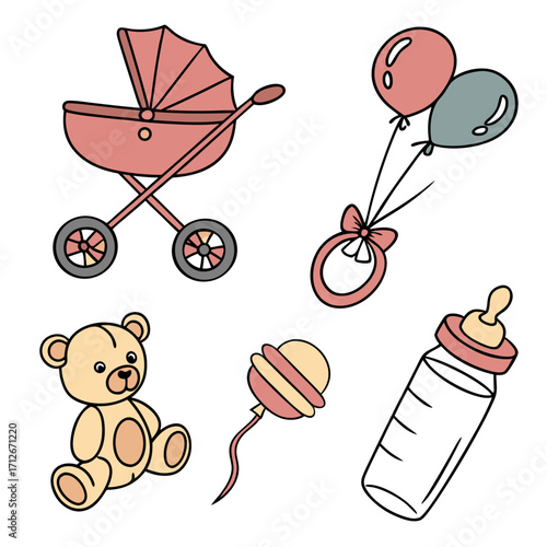 Baby shower invitation card with stroller, balloons, pacifier, teddy bear and baby bottle celebration of a new babys arrival with cute elements