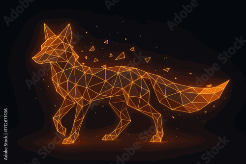 Polygonal fox in a dynamic mood walking with glowing geometric shapes on a dark background.